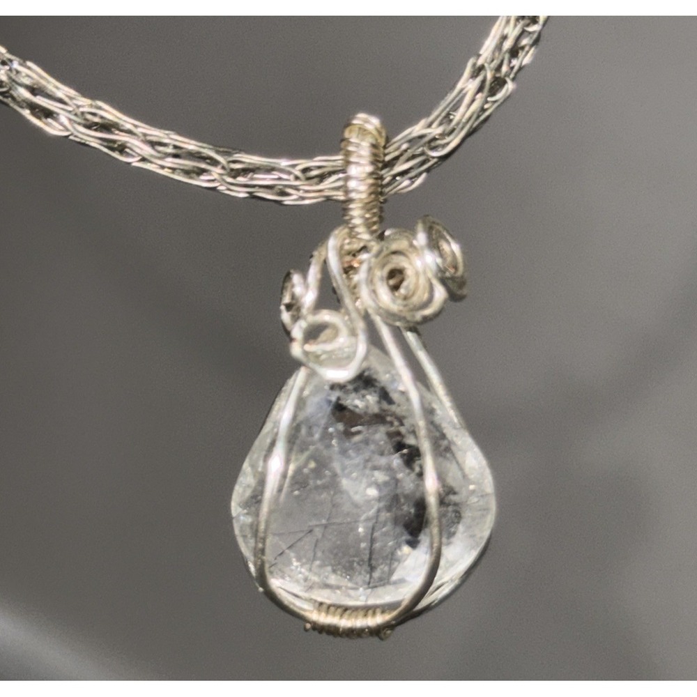 Handcrafted Wire Wrapped Clear Crystal Pendant Necklace Silver Tone 15" Artisan